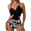 imageMilumia Womens 2 Piece High Waisted Bow Bikini Set Twist Front Ruched Swimsuits Bathing SuitsTropical Black