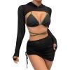 imageMilumia Womens 3 Piece Halter Swimsuits Solid Lace Up Bikini Set with Drawstring Mesh Cover Up SkirtGreen and Black