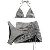 imageMilumia Womens 3 Piece Halter Swimsuits Solid Lace Up Bikini Set with Drawstring Mesh Cover Up SkirtSilver