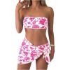 imageMilumia Womens 3 Piece Swimsuit Floral Print Bandeau Bikini Swimwear with Cover UpsHot Pink
