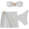 imageMilumia Womens Metal Textured 3 Piece Swimsuit Strapless Bandeau Bikini Set with Coverup Bathing SuitWhite