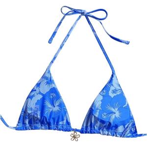 imageMilumia Floral Halter String Triangle Bikini Top for Women Bathing Suit Swim TopBlue