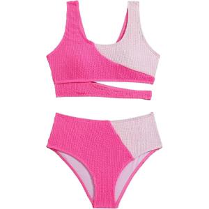 imageMilumia Girls 2 Piece Color Block Swimsuits Cut Out Smocked Bikini Sets Cute SwimwearPink
