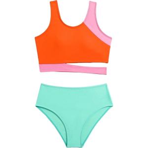 imageMilumia Girls 2 Piece Swimsuits Color Block Cut Out Sport Swimwear Bathing SuitsGreen and Orange