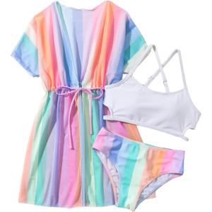 imageMilumia Girls 3 Piece Bikini Sets Tie Dye Spaghetti Strap Swimsuit with CoverupsMulticolor