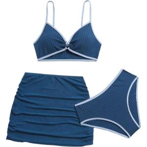 imageMilumia Girls 3 Piece Ring Linked Spaghetti Strap Bikini Swimsuits with Cover Up SkirtNavy Blue