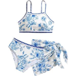 imageMilumia Girls 3 Piece Swimsuit Floral Print Spaghetti Strap Swimwear with Beach SarongsBlue