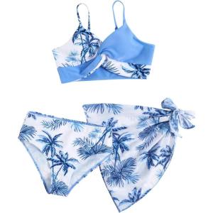 imageMilumia Girls 3 Piece Swimsuits Printed Twist Bikini Set with Coverup Skirt BeachwearMulti White Blue