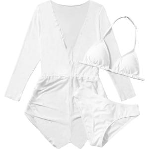 imageMilumia Girls 3 Piece Swimsuits Solid Halter Top Bikini Sets with Long Sleeve Coverup RomperWhite