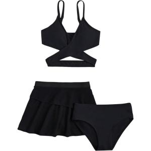 imageMilumia Girls 3 Pieces Bikini Set Wrap Criss Cross Swimsuit Bathing Suit with Ruffle Beach SkirtBlack