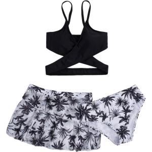 imageMilumia Girls 3 Pieces Bikini Set Wrap Criss Cross Swimsuit Bathing Suit with Ruffle Beach SkirtBlack Floral