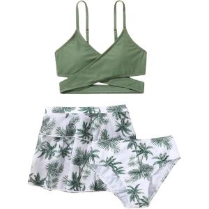 imageMilumia Girls 3 Pieces Bikini Set Wrap Criss Cross Swimsuit Bathing Suit with Ruffle Beach SkirtMulti Green
