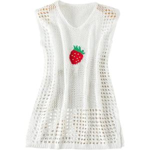 imageMilumia Girls Crochet Swim Cover Up Strawberry Sleeveless Short Coverup Dress BeachwearWhite