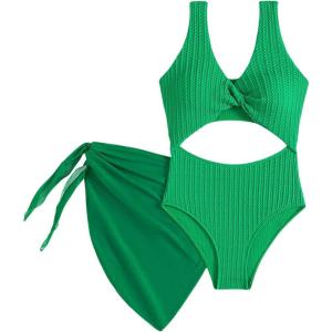 imageMilumia Girls Cut Out One Piece Swimsuit V Neck Twist Front Bathing Suit with Coverup Skirt