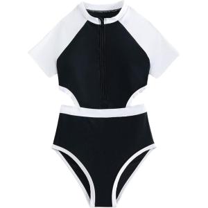 imageMilumia Girls Cut Out Zip Front Onepiece Swimsuit Color Block Short Sleeve Bathing SuitBlack and White