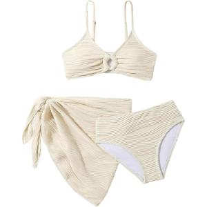 imageMilumia Girls Cute 3 Piece Swimsuit Textured Bikini Set with Beach Cover Up Skirt Bathing SuitBeige