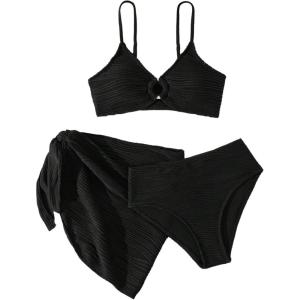 imageMilumia Girls Cute 3 Piece Swimsuit Textured Bikini Set with Beach Cover Up Skirt Bathing SuitBlack