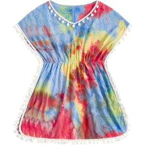 imageMilumia Girls Cute Tie Dye Beach Coverups Pompom Trim Swimsuit Swimwear Cover UpMulti Blue Red