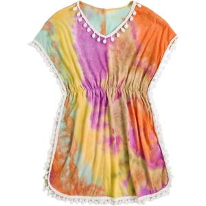 imageMilumia Girls Cute Tie Dye Beach Coverups Pompom Trim Swimsuit Swimwear Cover UpOrange