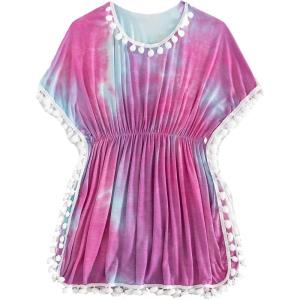 imageMilumia Girls Cute Tie Dye Beach Coverups Pompom Trim Swimsuit Swimwear Cover UpPink Multi