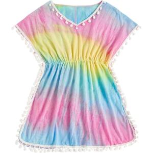 imageMilumia Girls Cute Tie Dye Beach Coverups Pompom Trim Swimsuit Swimwear Cover UpPink and Yellow