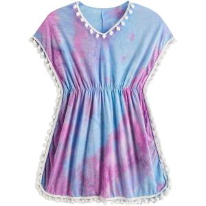 imageMilumia Girls Cute Tie Dye Beach Coverups Pompom Trim Swimsuit Swimwear Cover UpTie Dye Purple Blue