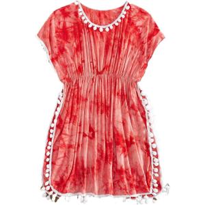 imageMilumia Girls Cute Tie Dye Beach Coverups Pompom Trim Swimsuit Swimwear Cover UpTie Dye Red