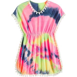 imageMilumia Girls Cute Tie Dye Beach Coverups Pompom Trim Swimsuit Swimwear Cover UpYellow Pink