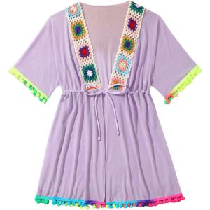 imageMilumia Girls Embroidered Tie Knot Cover Up Sheer Pompom Bikini Coverups BeachwearDusty Purple