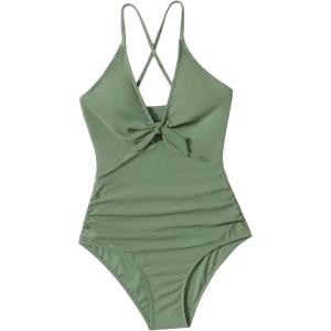 imageMilumia Girls One Piece Knot Bathing Suit Solid Criss Cross Spaghetti Strap SwimsuitGreen