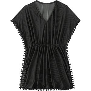 imageMilumia Girls Pompom Trim Mesh Sheer Beach Coverups Swimsuit Cover UpDark Black