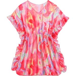 imageMilumia Girls Printed Sheer Beach Coverups Ruffle Trim Swimsuit Swimwear Cover UpWatermelon Pink