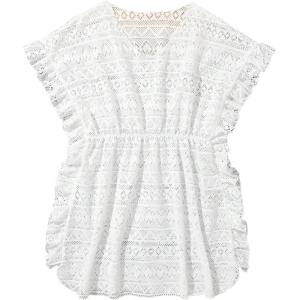 imageMilumia Girls Ruffle Trim Short Sleeve Beach Cover Ups Crochet Cover Up TopsWhite