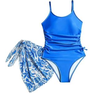imageMilumia Girls Spaghetti Strap Bowknot One Piece Bathing Suit with Cover Up SkirtBlue