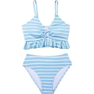 imageMilumia Girls Two Piece Bikini Set Striped Ruffle Trim Cut Out SwimsuitStriped Blue White