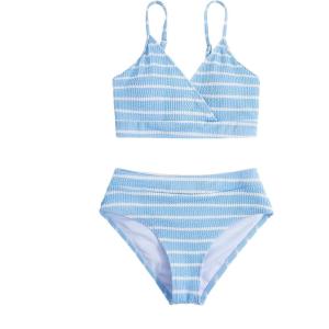 imageMilumia Girls Two Piece Swimsuit Striped Spaghetti Strap Wireless Bikini SetStriped Blue