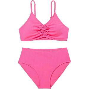 imageMilumia Girls Two Piece Swimsuit V Neck Ruched Spaghetti Strap Wireless Bikini SetSolid Hot Pink