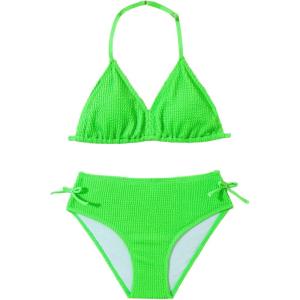 imageMilumia Girls Two Piece Swimsuits Textured V Neck Halter Knot Swimwear Bikini SetsGreen