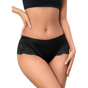 imageMilumia Women Sexy Lace Satin Silk Panties Underwear Mid Waist Breathable Bikini BriefsBlack