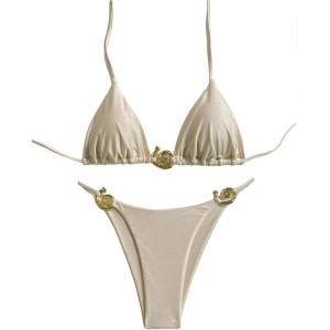 imageMilumia Womens 2 Piece Halter Tie Back Cheeky Swimsuit Metal Decor Triangle Thong Bikini SetApricot