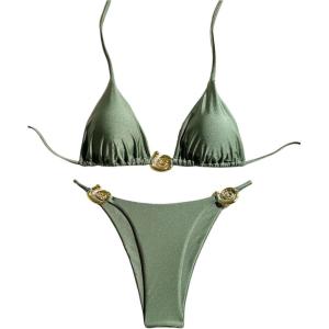 imageMilumia Womens 2 Piece Halter Tie Back Cheeky Swimsuit Metal Decor Triangle Thong Bikini SetArmy Green