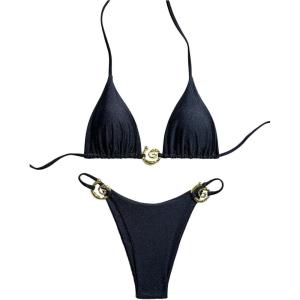 imageMilumia Womens 2 Piece Halter Tie Back Cheeky Swimsuit Metal Decor Triangle Thong Bikini SetBlack