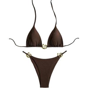 imageMilumia Womens 2 Piece Halter Tie Back Cheeky Swimsuit Metal Decor Triangle Thong Bikini SetBrown