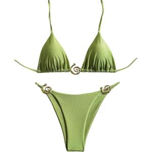 imageMilumia Womens 2 Piece Halter Tie Back Cheeky Swimsuit Metal Decor Triangle Thong Bikini SetGreen