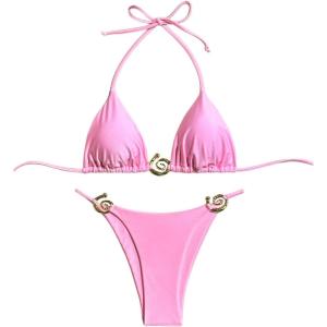 imageMilumia Womens 2 Piece Halter Tie Back Cheeky Swimsuit Metal Decor Triangle Thong Bikini SetPink