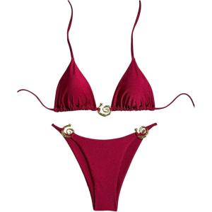 imageMilumia Womens 2 Piece Halter Tie Back Cheeky Swimsuit Metal Decor Triangle Thong Bikini SetRed