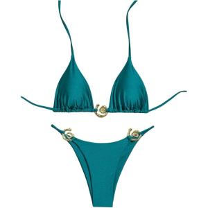 imageMilumia Womens 2 Piece Halter Tie Back Cheeky Swimsuit Metal Decor Triangle Thong Bikini SetTeal Blue