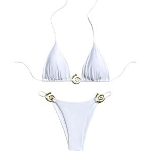 imageMilumia Womens 2 Piece Halter Tie Back Cheeky Swimsuit Metal Decor Triangle Thong Bikini SetWhite