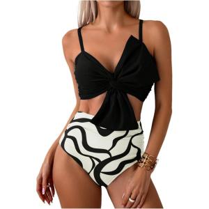 imageMilumia Womens 2 Piece High Waisted Bow Bikini Set Twist Front Ruched Swimsuits Bathing SuitsBlack and White