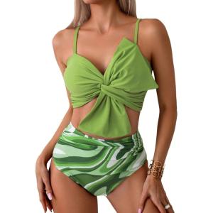 imageMilumia Womens 2 Piece High Waisted Bow Bikini Set Twist Front Ruched Swimsuits Bathing SuitsOlive Green